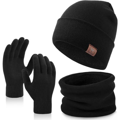 Ensemble Trois Pièces Chapeau Écharpe Gants Tricotés pour Adulte Automne Hiver Froid Chaleureux Ensemble Boîte Cadeau Chapeau Écharpe black