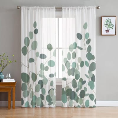 Tule Gordijnen met Eucalyptus Patroon Voor Woonkamer Keuken Raam Gordijnen Huisdecoratie Transparant Gordijn Voor Kinder Slaapkamer 135W x 114H(cm) white