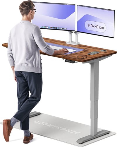 Desktronic HomePro Zit-sta Bureau Elektrisch In Hoogte Verstelbaar, 140x70 cm Massief Notenhout/Grijs, Stille Dubbele Motor, Hoogte 62-126cm