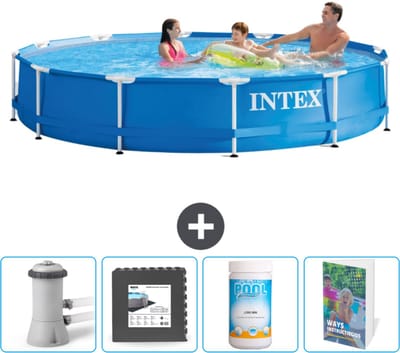 Intex Rond Frame Zwembad - 366 x 76 cm - Blauw - Inclusief Zwembadfilterpomp - Vloertegels - Chloor - Zwembadgids