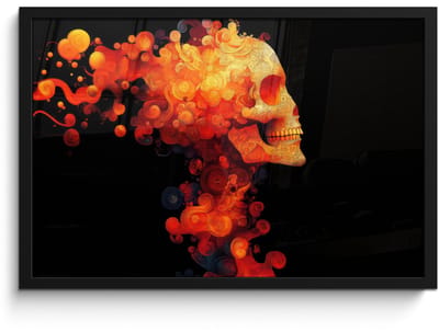 Poster in lijst - Fotolijst 60x40 cm - Posters - Schedel - Oranje - Zijaanzicht - Vlammen - Posterlijst zwart - Decoratie - Wanddecoratie woonkamer - Muurdecoratie slaapkamer