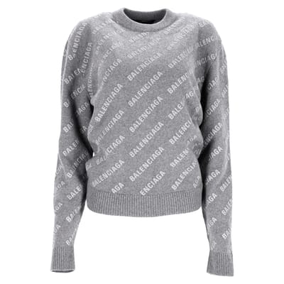 Balenciaga trui met logo over de hele trui in grijze wol