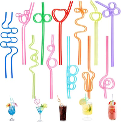 Rietjes met knopen Curly, 24 stuks herbruikbare rietjes, kleurrijke cocktailrietjes, PET Curly rietjes, voor verjaardagsfeest, sapdecoratie, cocktails, 10 kleuren, 12 vormen