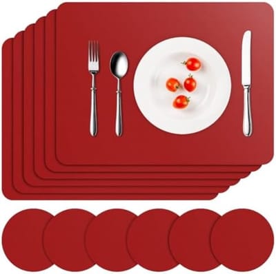 Set van 6 Rode Placemats en Ondertzetters - Waterdichte, Hittebestendige Tafelmatten van PU Leer voor Binnen en Buiten Gebruik - Wasbare Keukenaccessoires voor Feesten en Dagelijks Gebruik