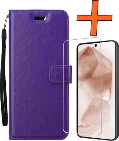 Hoes - Met Screenprotector - Geschikt voor Samsung Galaxy A55 - Luxe Pasjeshouder - Bookcase Portemonee - Flip Case - Kunstleer Book Case - Flipcase - Book Cover - Walletcase - PortemonneeHoes - Paars