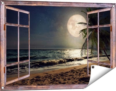 Gards Tuinposter Doorkijk Tropisch Strand in de Nacht met Volle Maan - 90x60 cm - Tuindoek - Tuindecoratie - Wanddecoratie buiten - Tuinschilderij