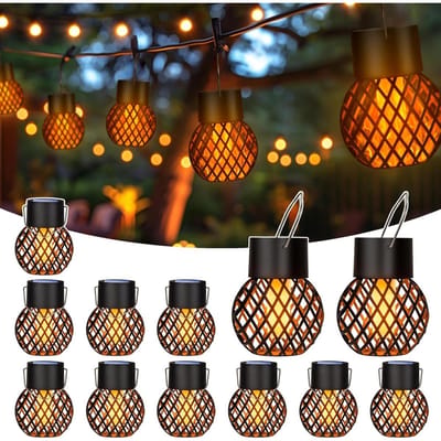 GELLDG Hangende buitenlampen op zonne-energie – 12-pack – Hangende zonnelantaarns – Met flikkerend vlameffect – Ideaal geschikt voor tuinen, terrassen, schuttingen en bomen