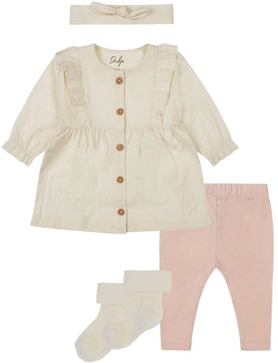 Dirkje Noppies - Kledingset - 4delig - Dirkje Jurkje met haarband - Legging - Light Dusty Pink - 1 paar noppies sokjes oatmeal met werkje - Maat 50