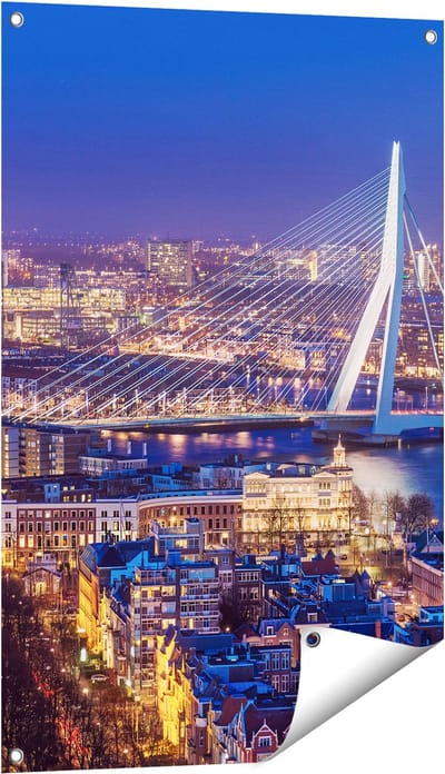 Gards Tuinposter Rotterdamse Skyline met de Erasmusbrug - 60x90 cm - Tuindoek - Tuindecoratie - Wanddecoratie buiten - Tuinschilderij