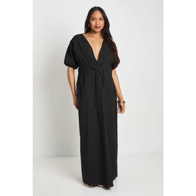 boohoo Dames Zwangerschaps Geplooide Maxi Jurk Met Strikdetail Aan De Voorkant | Zwart | Maat: 36