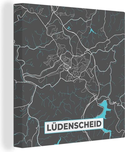 Canvas Schilderij Plattegrond – Lüdenscheid – Blauw – Stadskaart – Kaart - Duitsland - 20x20 cm - Wanddecoratie