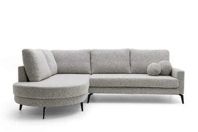 Hoekbank miya- lounge links- ronde love seat- grijs structuurstof- hoeksalon met ronde lounge