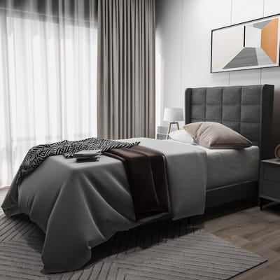Modern design gestoffeerd bed met gewatteerd hoofdeinde eenpersoonsbed met lattenbodem, 90x200cm, in grijs linnen, middelhard (zonder matras)