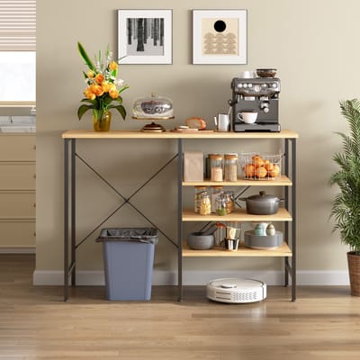 Pugsdrly multifunctionele opbergtafel, vrij combineerbare opbergtafel met zwart metalen frame & blad in houtlook, flexibel te monteren voor keuken, woonkamer, kelder & garage, 120x40x85,5 cm