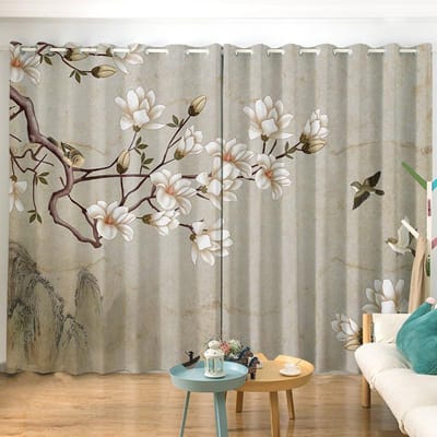 2PCS Chinese Stijl Gordijn Perzikbloesem Lotus Chinese Inkt Schilderij cortinas de salon Slaapkamer Van Vloer Tot Plafond Raam Groot Formaat (50Wx50H)x2(CM)&Grommet Top