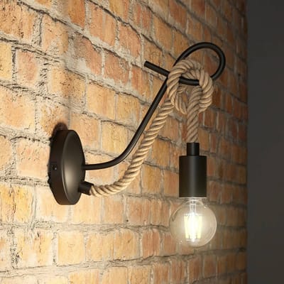 Lucande - wandlamp - 1licht - IJzer, touw - H: 25.5 cm - E27 - zwart, lichtbruin