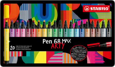 STABILO Pen 68 MAX - ARTY – Premium Viltstift Met Dikke Beitelpunt - Metalen Etui Met 20 Stuks – Met 20 Verschillende Kleuren