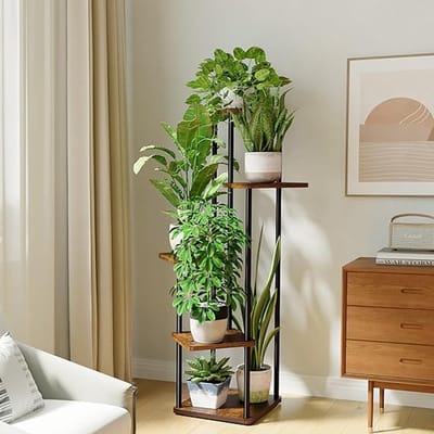 Famanu - Plantenstandaard van Hout en Metaal – 5-laags Plantenrek voor Woonkamer, Balkon en Kantoor, Stevig en Ruimtebesparend, Modern Design voor Planten en Decoratie