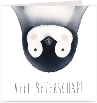 VEEL BETERSCHAP | kaart / wenskaart met envelop | leuke beterschapskaart met pinguïn | kinderen / volwassenen