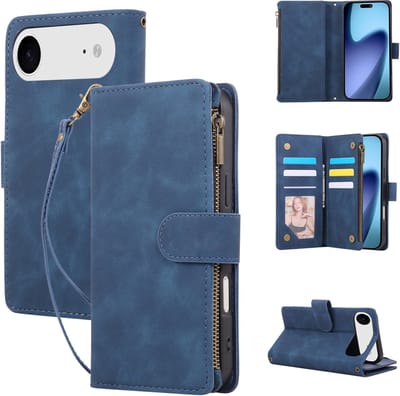 YPCd Wallet Case Pasjeshouder met Rits – Geschikt voor Apple iPhone Air – Luxe Bookcase Hoesje met 6 Pasjesvakken & Polsbandje – Blauw