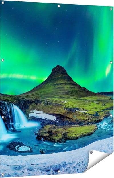 Gards Tuinposter Noorderlicht bij de Watervallen in IJsland - 90x120 cm - Tuindoek - Tuindecoratie - Wanddecoratie buiten - Tuinschilderij
