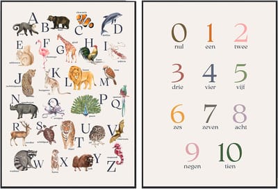 No Filter - 2 posters - Dieren ABC en Cijfers - 30x40 cm (A3 formaat) - Kinderkamer posters - Educatieve posters