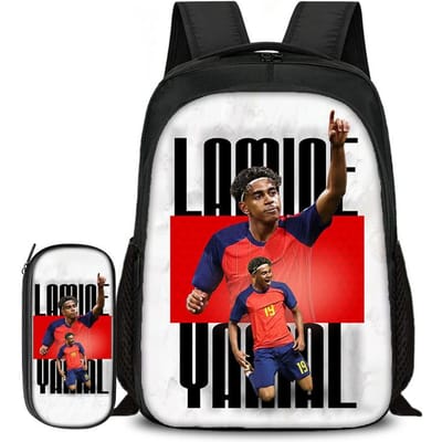 2-delige Set Boekentas Etui Schooltassen L-Lamin Yamal Kinderen School Dubbellaags Rugzak Voetbalster Voetbal Sport Mochila