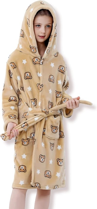BoefieBoef Beer Kinder Pyjama Badjas 5-9 Jaar – Warme Flanellen Nachtkleding Ochtendjas met Dieren Capuchon – Cosplay Verkleed Pyjama voor Carnaval, Zwemles & Loungeplezier – Jongens & Meisjes – Perfect Cadeau - Bruin L
