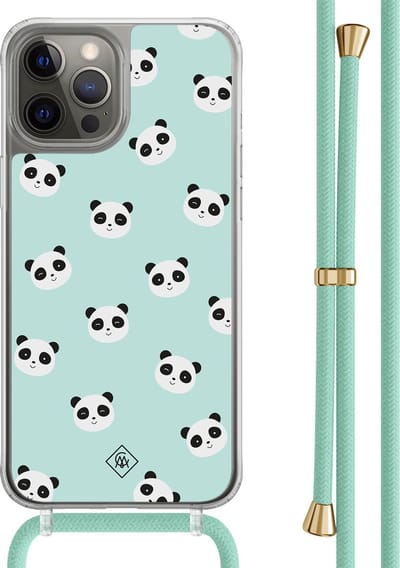 Casimoda® hoesje met mintgroen koord - Geschikt voor iPhone 12 Pro - Panda Print - Afneembaar koord - TPU/polycarbonaat - Mint