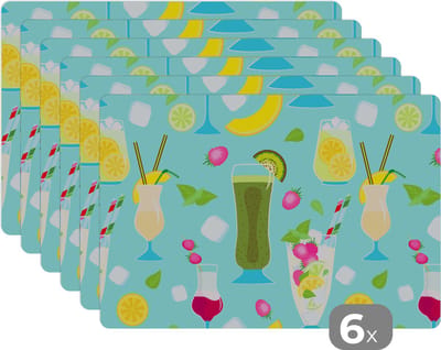 Placemat - Placemats kunststof - Cocktail - Zomer - Fruit - Patroon - 45x30 cm - 6 stuks - Hittebestendig - Anti-Slip - Onderlegger - Afneembaar