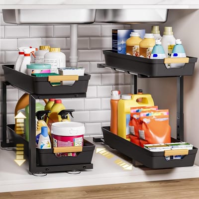 Famanu – Set van 2 keukenorganizers voor onder de wastafel – Metalen rekken met 8 antislip zuignappen – Kastmand voor keuken en badkamer – Geschikt voor schoonmaakmiddelen en wasmiddel – Zwart