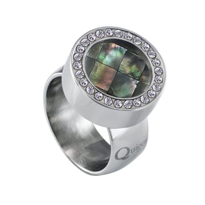 Quiges RVS Schroefsysteem Ring met Zirkonia Zilverkleurig Glans 16mm met Verwisselbare Grijze Blokjes Schelp 12mm Mini Munt