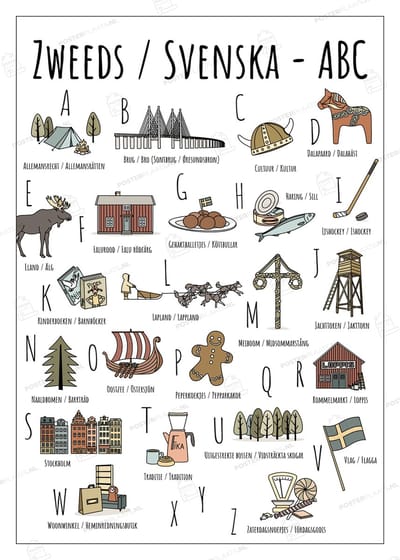 ABC Ansichtkaart Zweden / Sverige - Set van 4 Stuks - A6 Kaarten (10,5 x 14,8 cm) - Scandinavië Souvenir - Woondecoratie - Relatiegeschenk - Handgetekende Illustraties