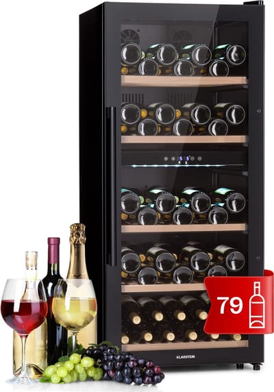 Klarstein Wijnkoeler Wijnkoelkast, Smalle Drankkoelkast, 2 Zones met Glazen Deur, Vrijstaand, Kleine Wijnkoelkast met UV-bescherming, 5–18 °C, 91 Flessen - 54 cm - voor Bar - Houten Schappen - Wijnklimaatkast - Wijnkast - Wine Cooler