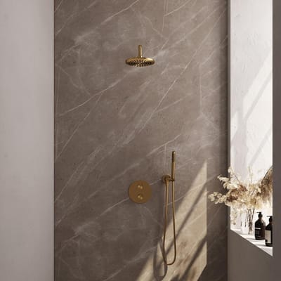 Brauer Gold Edition thermostatische inbouw regendouche 3-weg rond SET 75 met 20 cm douchekop en gebogen muurarm en staaf handdouche en doucheslang en wandaansluitbocht goud geborsteld PVD