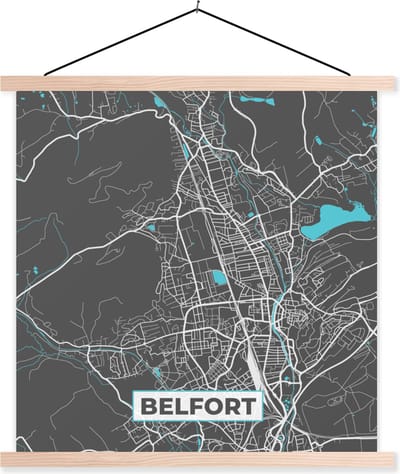 Posterhanger incl. Poster 40x40 cm - Schoolplaat - Belfort - Plattegrond - Kaart - Frankrijk - Stadskaart - Textielposter - Blanke latten - Stadskaart
