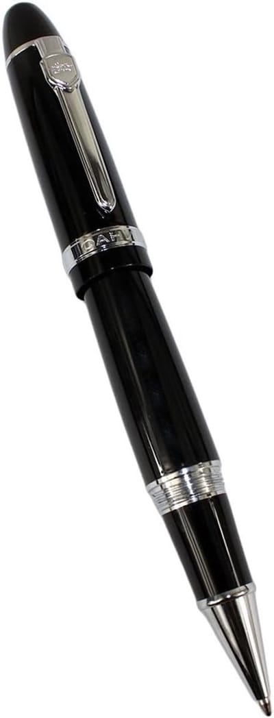 Stijlvolle zwarte rollerbalpen met zware zilveren afwerking, perfect als geschenk voor elke gelegenheid