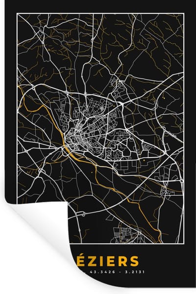 Muurstickers - Sticker Folie - Béziers – Plattegrond – Frankrijk – Kaart – Stadskaart - 20x30 cm - Plakfolie - Muurstickers Kinderkamer - Zelfklevend Behang - Zelfklevend behangpapier - Stickerfolie