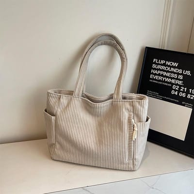 Sac fourre-tout en velours côtelé, grande capacité, pour les déplacements, pour les étudiants, les cours, les écoles, simple, couleur unie, plissé, à bandoulière gray