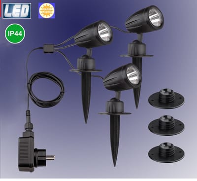 Trango 3-vlam 3076-353 IP44 LED tuinspot *JOE* buitenlamp incl. 3x 3 watt LED module lamp 3000K warm wit & voedingskabel vijverlamp, tuinlicht, padverlichting, wandlamp