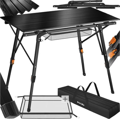 tectake® Campingtafel - Klaptafel van aluminium - Oprolbaar tafelblad - Opvouwbare campingtafel - Reistafel - Tuintafel - Weerbestendig - In hoogte verstelbare poten - Draagtas - Afmeting (LxBxH) 90 x 52 x 47 - 70 cm - Zwart