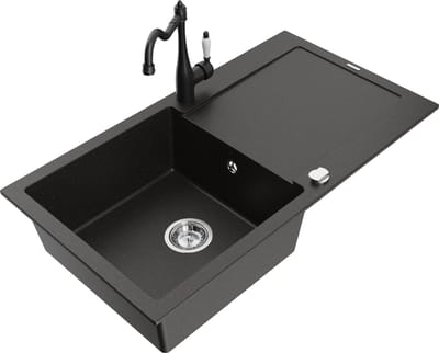 Mexen Leo granieten spoelbak met 1 bak en afdruiprek en keukenmengkraan Carla, zwart/gouden metallic - 6501-75-670700-70