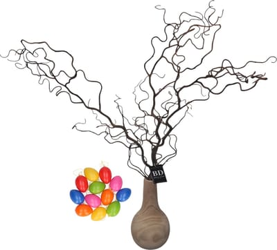 Bellatio Design Kronkelhazelaar kunst paastak - incl paaseieren - 87 cm - paasdecoratie kunsttakken