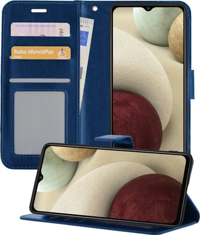 Hoesje - Met Pasjeshouder - Geschikt voor Samsung Galaxy A12 - Luxe Bookcase Portemonee - Flip Case - Kunstleer Book Case - Flipcase - Book Cover - Walletcase - Portemonneehoes - Telefoonhoesjes - Donkerblauw