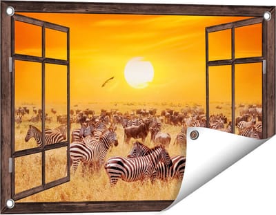 Gards Tuinposter Doorkijk Kudde Zebra's bij een Oranje Zonsondergang - 60x40 cm - Tuindoek - Tuindecoratie - Wanddecoratie buiten - Tuinschilderij