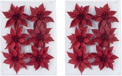 Cosy & Trendy Decoratie bloemen - rozen - 24x - rood glitter - op ijzerdraad - 8 cm - Decoratiebloemen / kerstboomversiering/kerstversiering