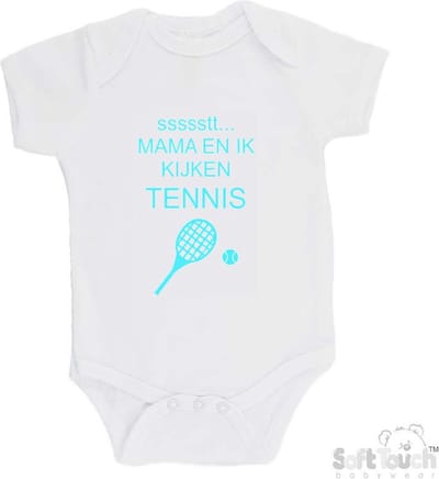 100% katoenen Romper "ssssstt... Mama en ik kijken tennis" Unisex Katoen Wit/aquablauw Maat 62/68