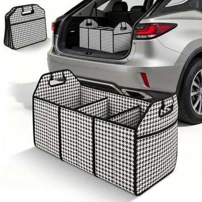 Auto Kofferbak Organizer 53L Opvouwbaar – Multi-Compartment Auto Opbergbox met Verdelers – Opvouwbare Kofferbak Organizer voor Auto, SUV en Thuisgebruik – Zwart-Wit Geruit