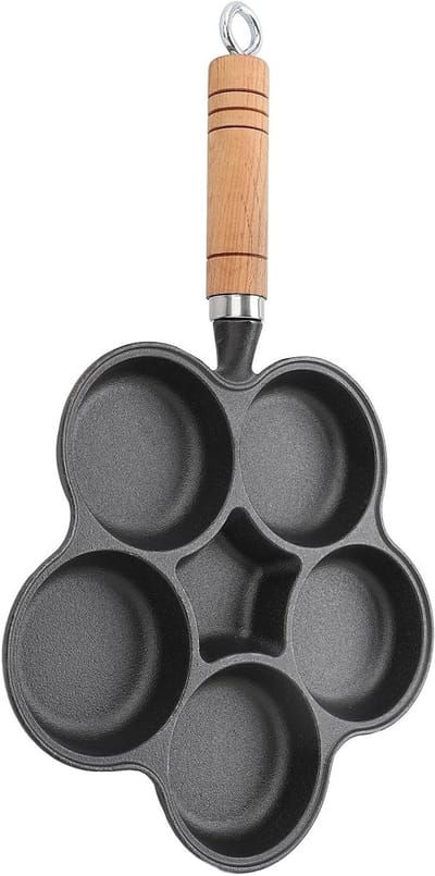 Gietijzeren Eierpan - Ontbijtkoek Pan - Ontbijt Bereiden - Vijf Gaten - 29x25x5 cm - Zwart