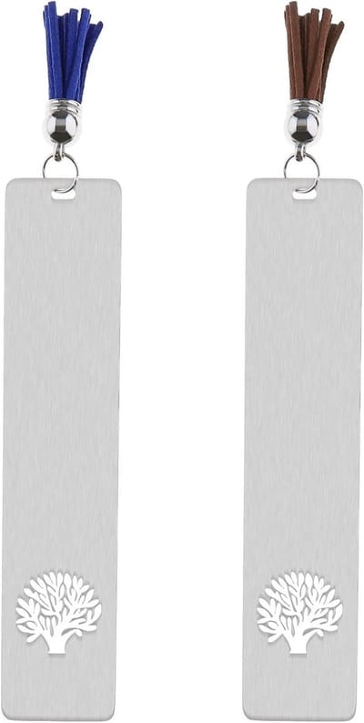 Decoratieve metalen boekenleggers met levensboompatroon en blauwe en bruine tassels voor studenten en leraren, ideaal cadeau voor boekenliefhebbers